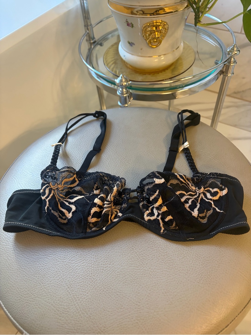 Simone Perele Black Lace Underwire Bra with Gold Floral Accents 36B
